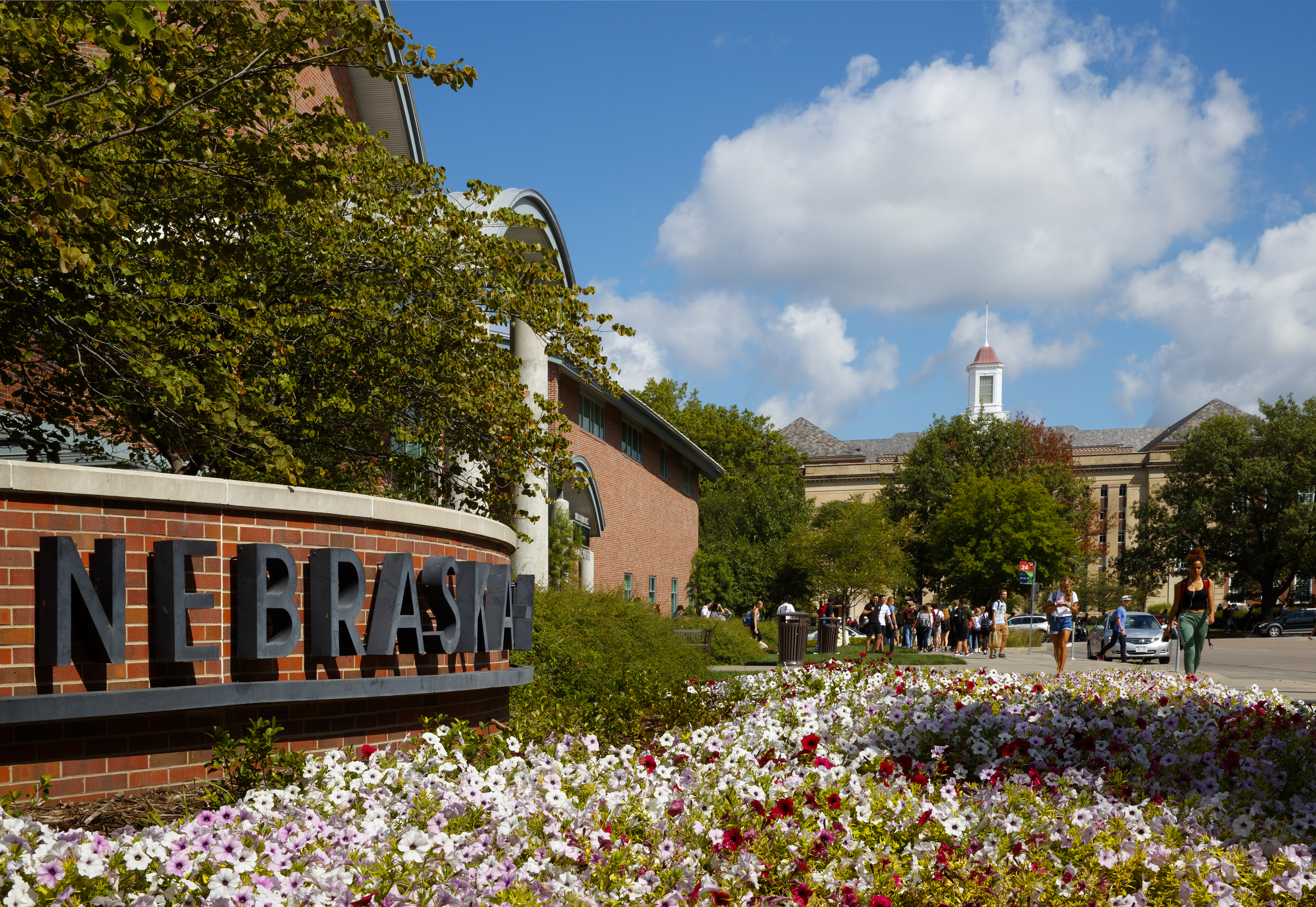 Nebraska sign by blooming flowers