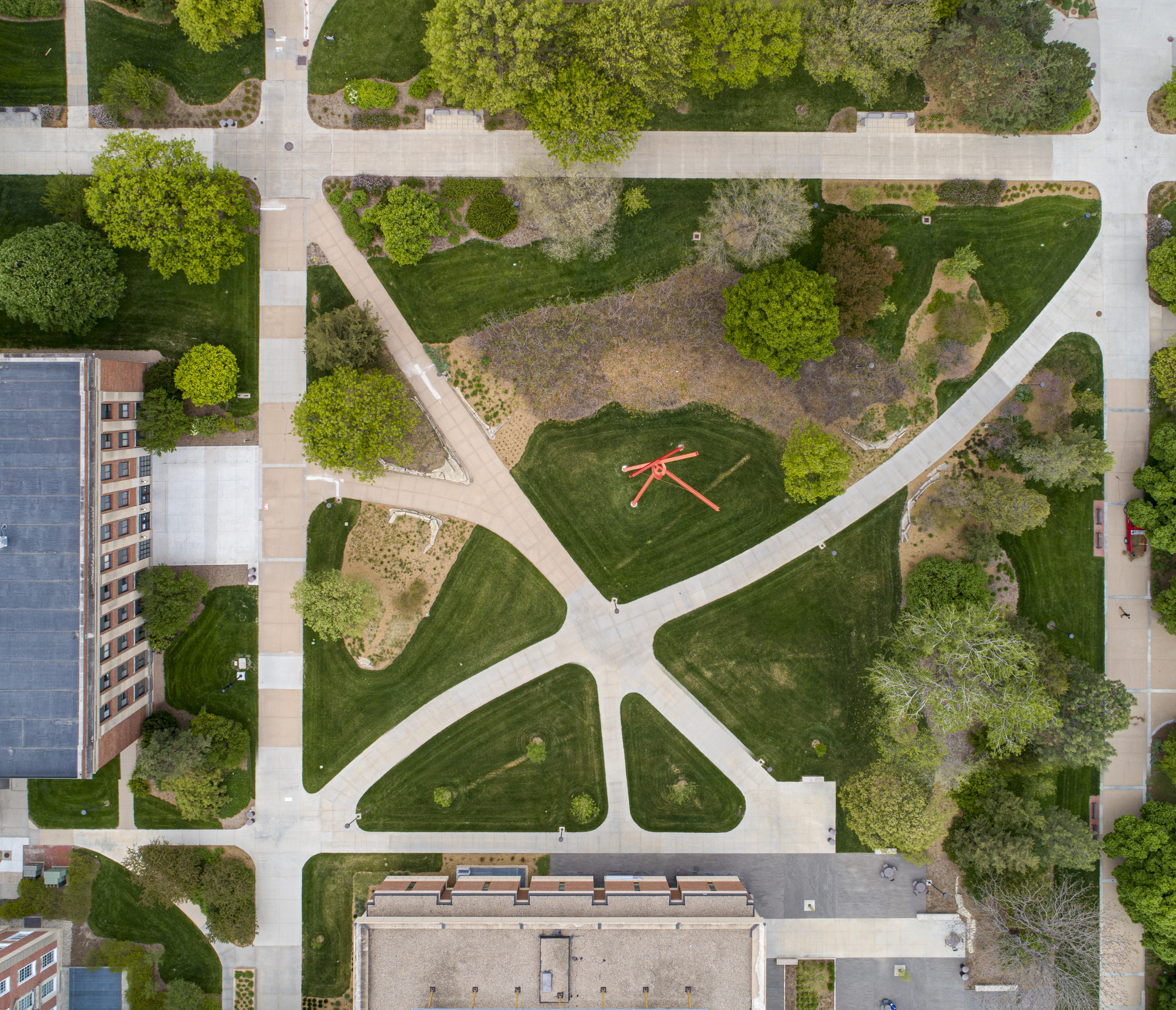 Aerial shot of UNL's City Campus sidewalks near Louise Pound Hall
